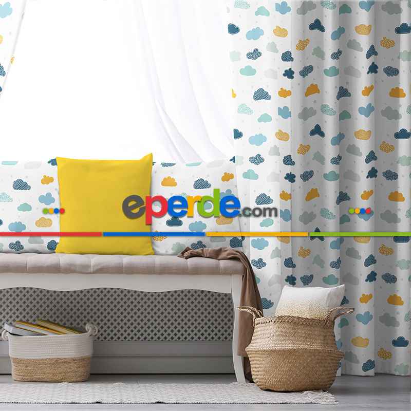 Bulut Desenli Fon Perde Evim809 Kumaşı Kalındır Duck Bezi Değildir- Mavi-beyaz