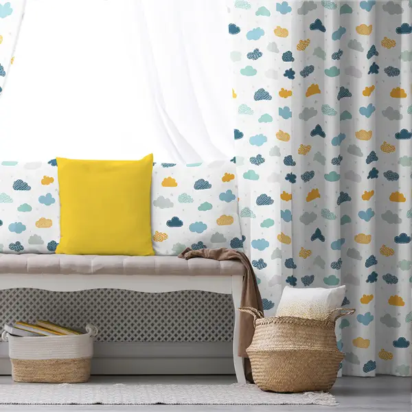 Çocuk Odası - Bulut Desenli Fon Perde Evim809 Kumaşı Kalındır Duck Bezi Değildir- Mavi-beyaz