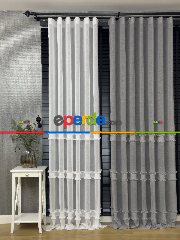 Salon Tül Perde - Yeni Trend Saçaklı Bantlı Keten Tül Perde Ekru Ve Gri Renk Seçenekleri