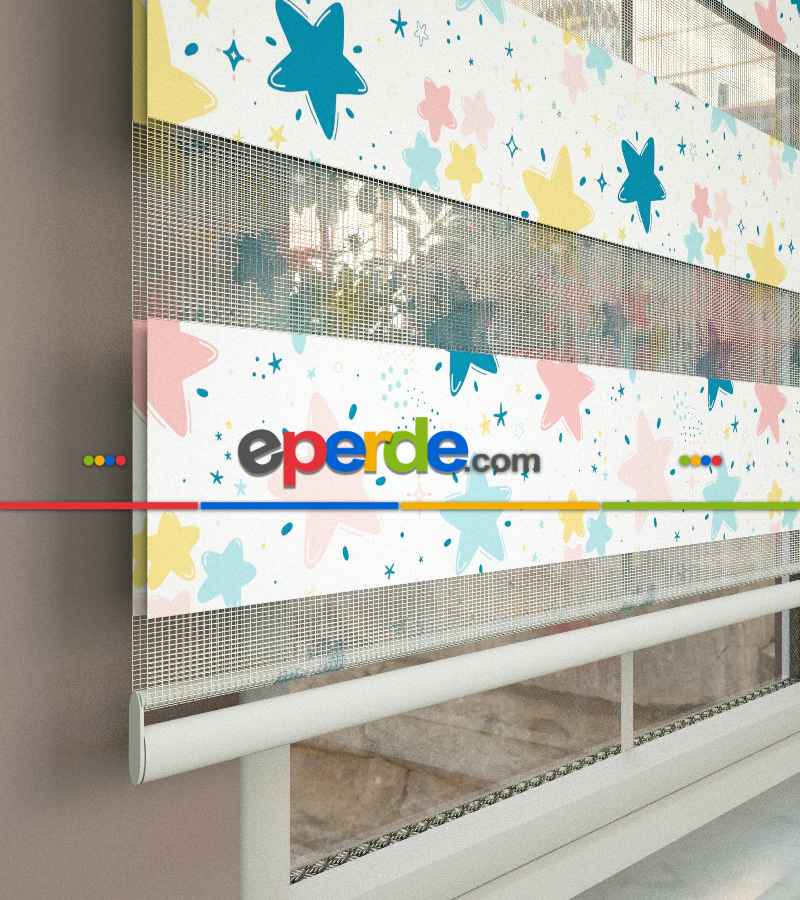 Yıldız Desenli Baskılı Zebra Perde- Çok Renkli