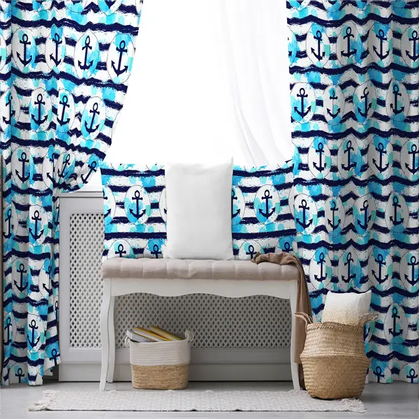 Çocuk Odası - Çapa Desenli Fon Perde Evim654 Kumaşı Kalındır Duck Bezi Değildir- Mavi-beyaz