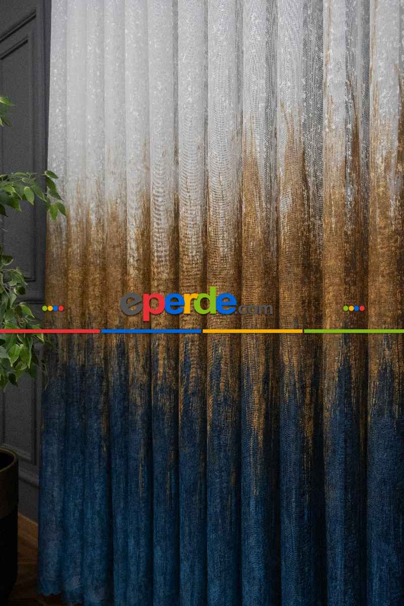 Salon Tül Modelleri - Modern Hardal Ve Mavi Desenli Degrade Geçişli Örme Tül Perde Yüksek Kalite