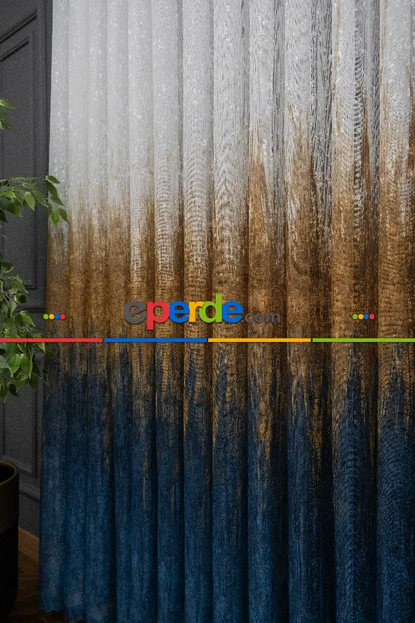 Salon Tül Modelleri - Modern Hardal Ve Mavi Desenli Degrade Geçişli Örme Tül Perde Yüksek Kalite