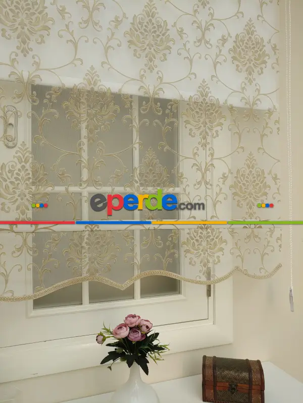 Yatak Odası - Yakma Tül Stor - Çiftli Sistem Desenli Perde (burn Out)- Nohut Rengi-açık Vizon