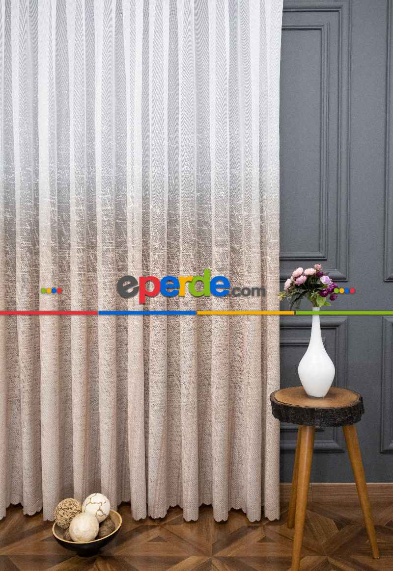 Modern Bej Rengi Degrade Geçişli Tül - Örme Dantel Tül