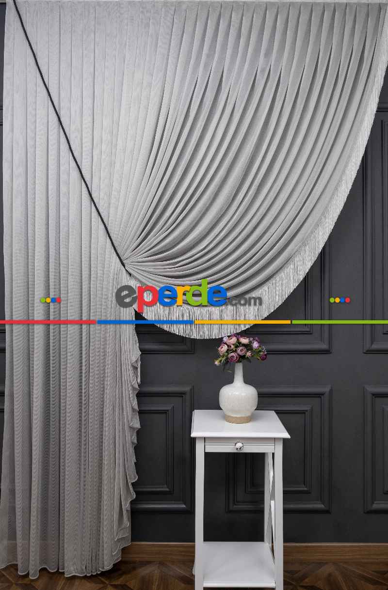 Salon Tül - Gri Monalisa Yalancı Kruvaze - Halat İle Tülden Fon - Yana Toplamalı Tül - Kordon Toplama Tül - Çift Veya Tek Kanat - Aksesuar İlave Ücretlidir - Kurşunlu Tül