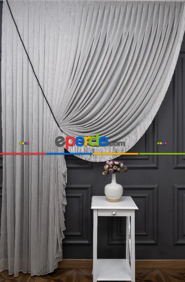 Gri Monalisa Yalancı Kruvaze - Halat İle Tülden Fon - Yana Toplamalı Tül - Kordon Toplama Tül - Çift Veya Tek Kanat - Aksesuar İlave Ücretlidir - Kurşunlu Tül