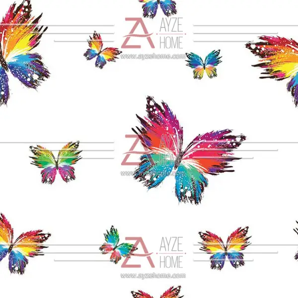 Renkli Kelebek Desen Baskılı Zebra Perde- Turkuaz-Pembe-Ekru