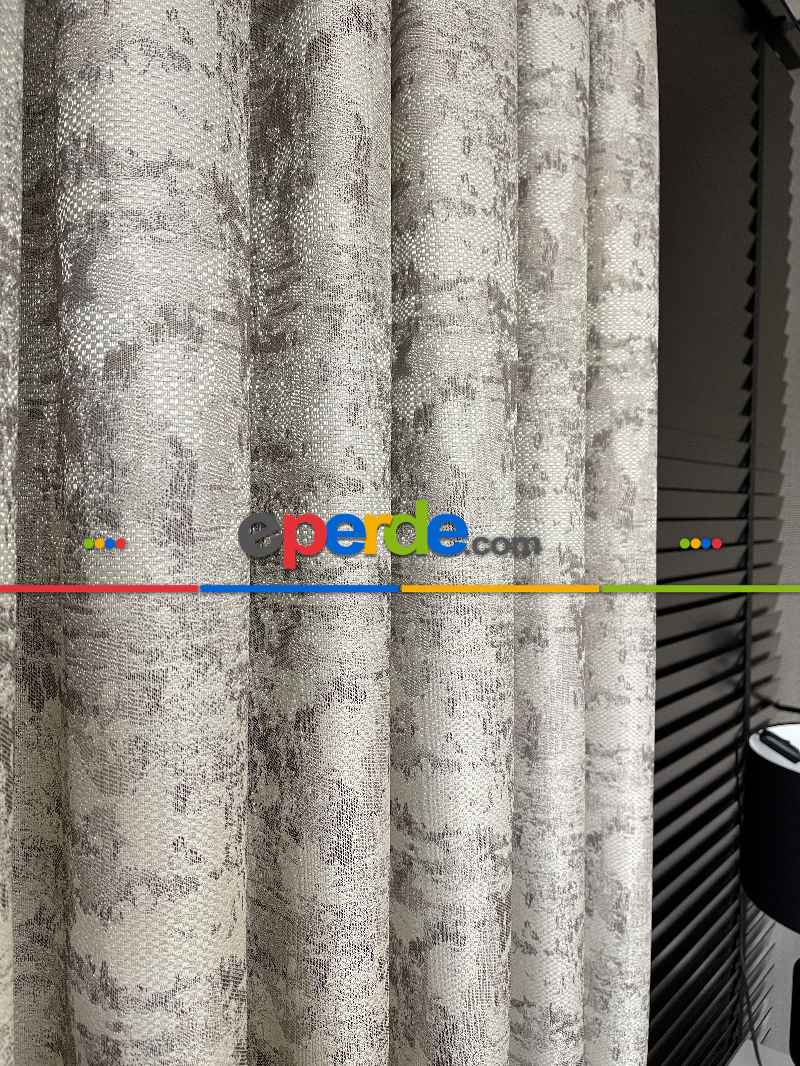 Bej Kahve Desenli Jakar Fon Perde (180)- Kahve Açık