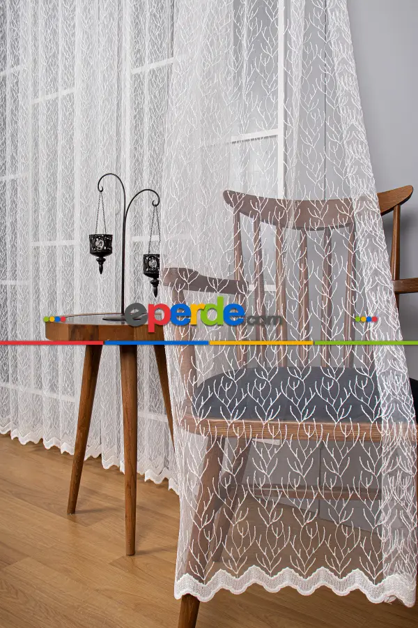 Salon - Kuru Dal Brode Tül Perde - Ekru