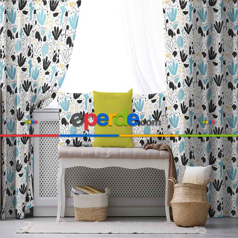 Çocuk Odası - Mavi Siyah Desenli Fon Perde Evim428 Kumaşı Kalındır Duck Bezi Değildir- Mavi-beyaz