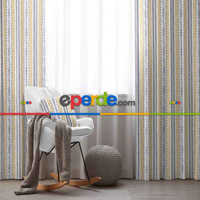 Etnik Fon Perde Evim1539 Kumaşı Kalındır Duck Bezi Değildir- Mavi-beyaz
