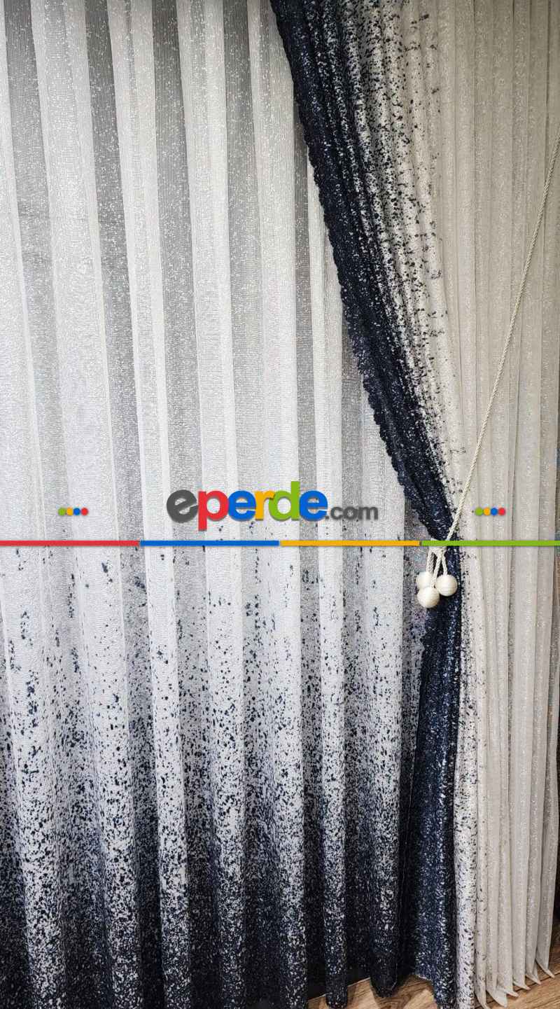 Mutfak - Lacivert Püskürtme Tül Fon Perde