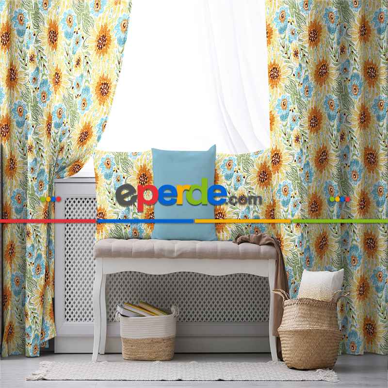 Çiçekli Fon Perde Evim1599 Kumaşı Kalındır Duck Bezi Değildir- Mavi-beyaz