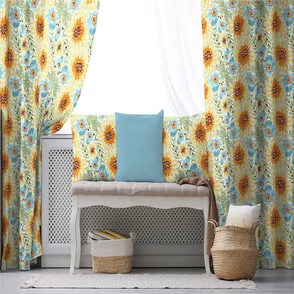 Çiçekli Fon Perde Evim1599 Kumaşı Kalındır Duck Bezi Değildir- Mavi-beyaz