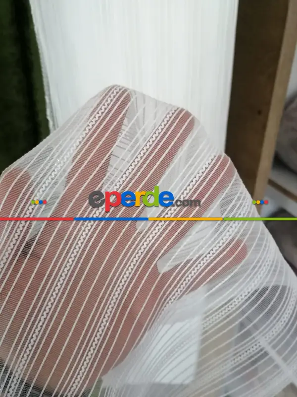 Boyuna Çizgili Simli 7000 Serisi Krem Tül