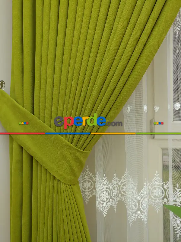 Salon Fon - Yağ Yeşili Düz Fon Perde Dökümlü Birinci Kalite 300 Cm Geniş En Daha Hesaplı- Açık Yeşil