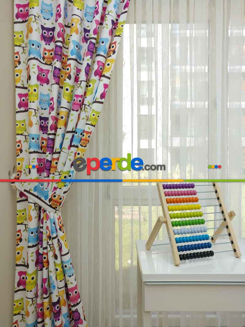 Baykuş Desenli Bebek Ve Çocuk Odası Fon Perde Modelleri- Mavi-Beyaz-Mor