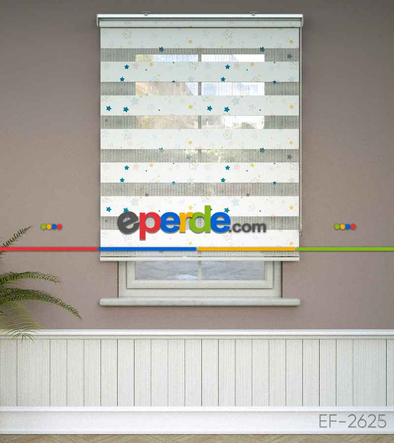 Yıldız Desenli Baskılı Zebra Perde- Çok Renkli