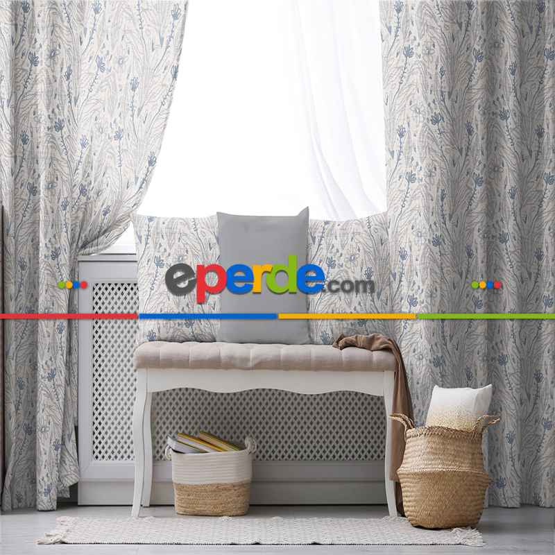 Oturma Odası Fon Perde Evim1598 Kumaşı Kalındır Duck Bezi Değildir- Mavi-beyaz