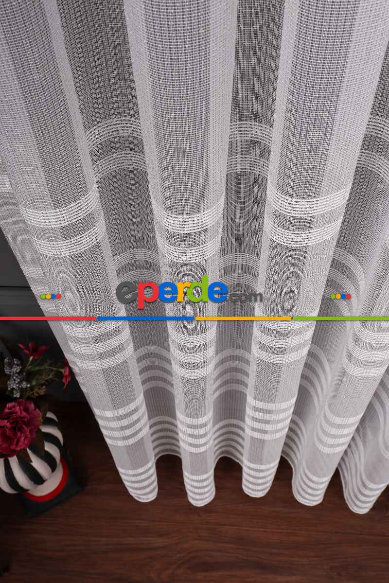 Bantlı 4 Sıra Keten Tül Perde Grz 2179 Ekru Renk