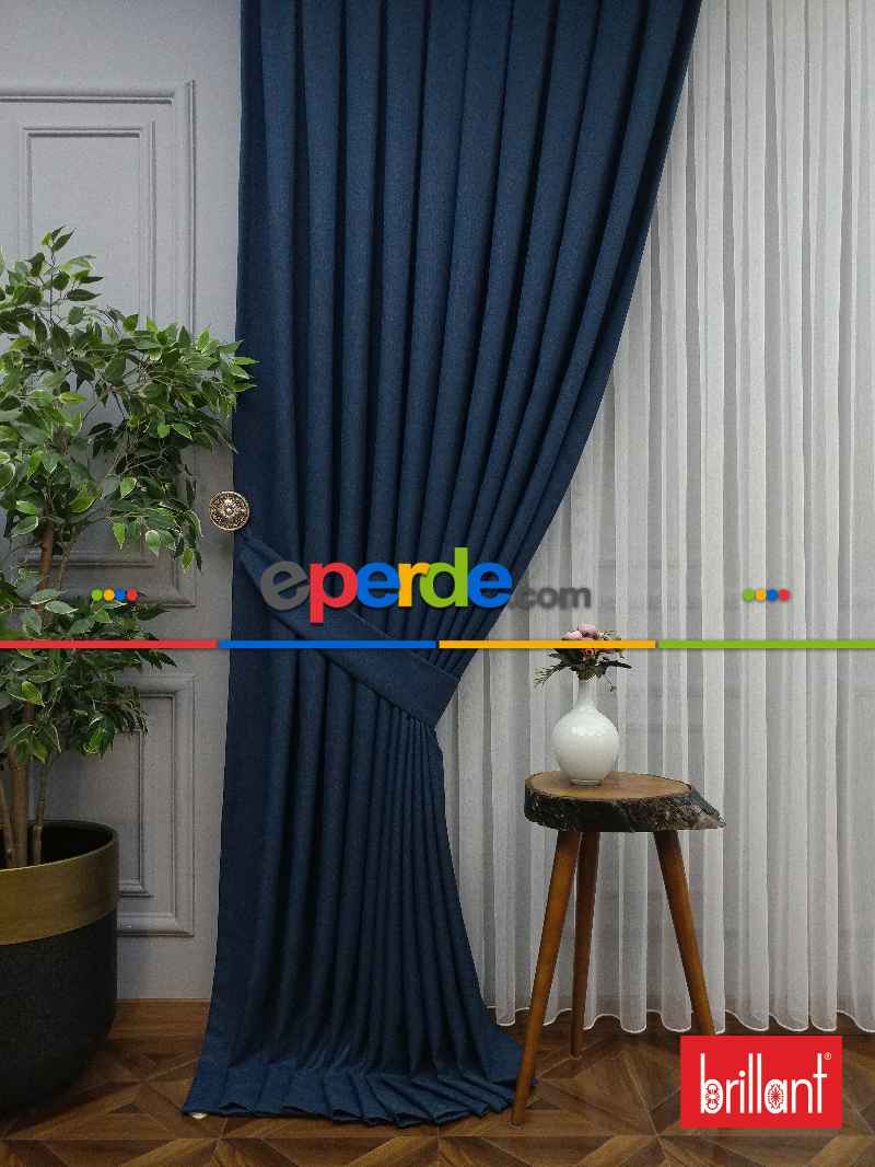 Brillant Keten Petrol Mavi Renk Düz Fon Perde - Petrol Mavisi