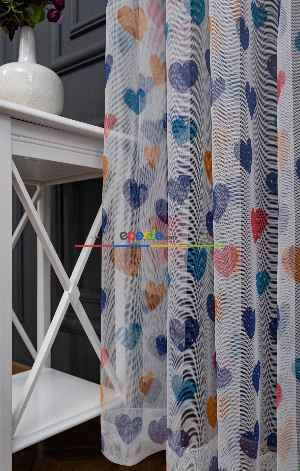 Hazır Ölçülü Petek Zemin Lacivert - Mavi Ve Turuncu Renkli Kalp Desenli Grek Baskılı Tül Perde