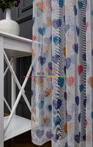 Hazır Ölçülü Petek Zemin Lacivert - Mavi Ve Turuncu Renkli Kalp Desenli Grek Baskılı Tül Perde