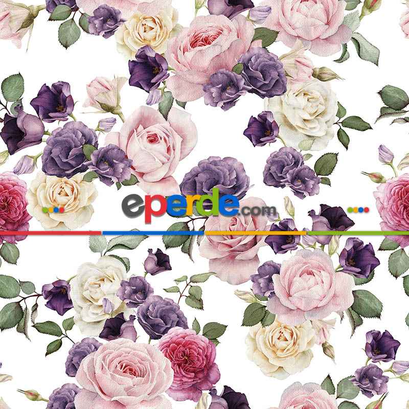 Çiçek Desenli Fon Perde Evm672 Kumaşı Kalındır Duck Bezi Değildir- Beyaz-Pembe Açık