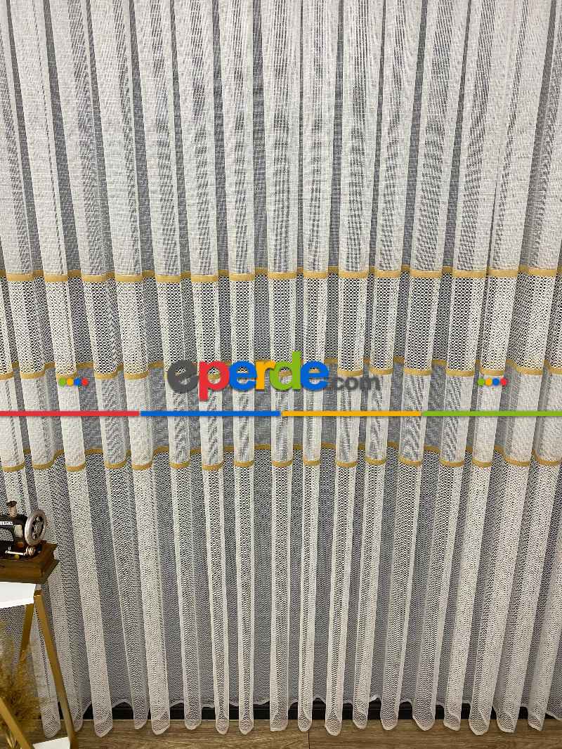 Yatak Odası - Milano Gold Altın Ara Bantlı Yeni Tasarım Tül Perde