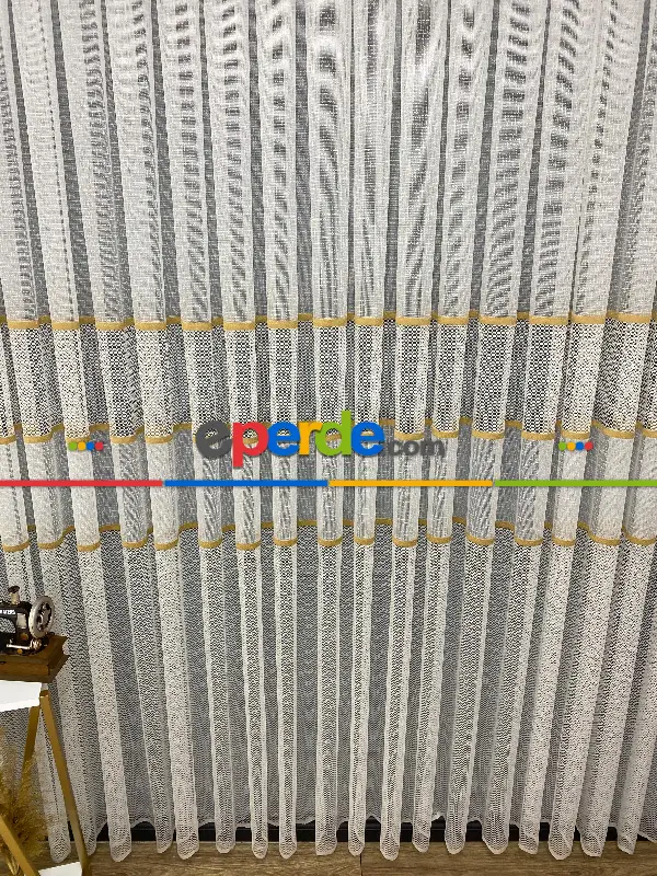 Salon - Milano Gold Altın Ara Bantlı Yeni Tasarım Tül Perde