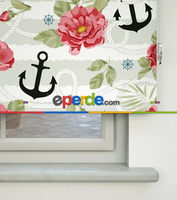 Çapa Baskılı Stor Perde- Kırmızı-beyaz