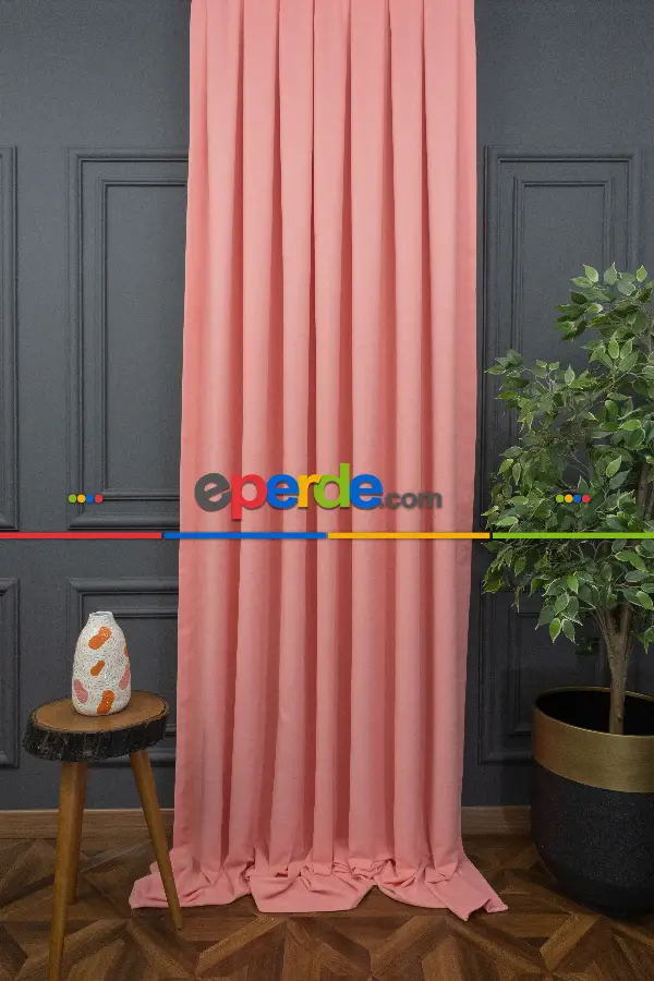 Salon - Pembe Düz Fon Perde Dökümlü En 