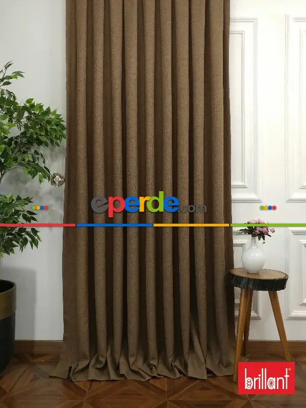 Yatak Odası - Brillant Keten Kahve Renk Düz Fon Perde - Kahve Açık