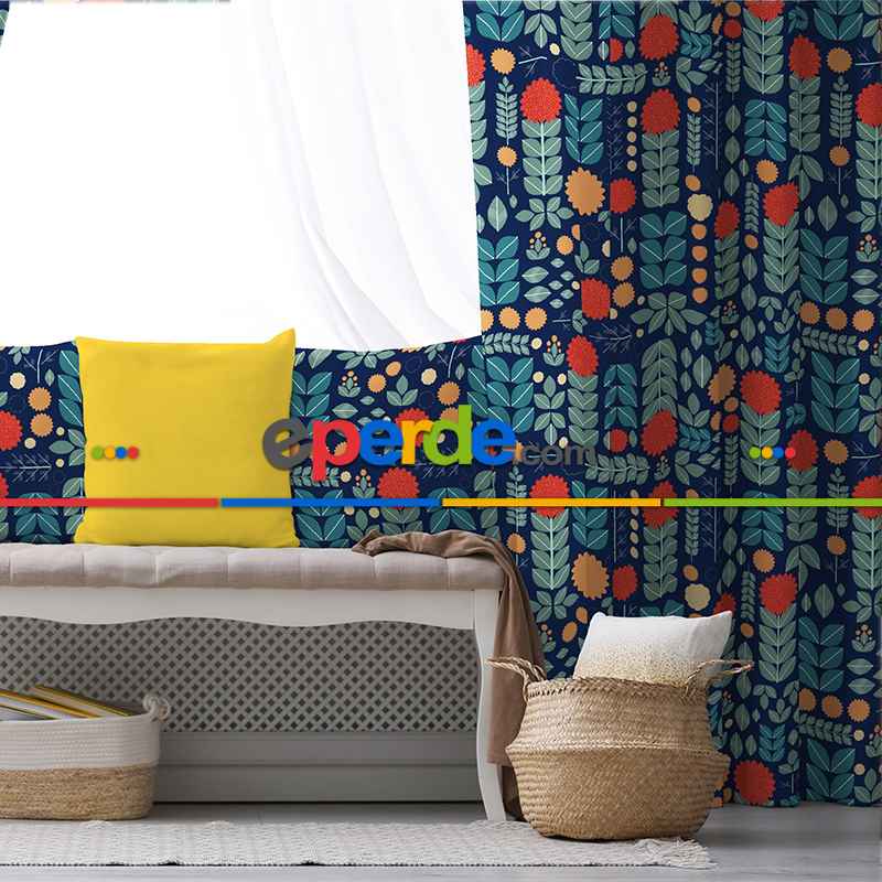 Etnik Fon Perde Evim1554 Kumaşı Kalındır Duck Bezi Değildir- Mavi-beyaz