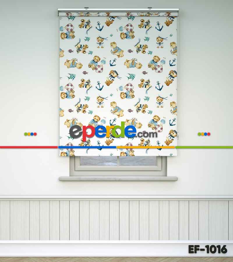 Bebek Odası Stor Perde - Kaptan Ayıcık Baskılı Stor Perde- Mavi-Beyaz-Kahve Açık-Su Yeşili