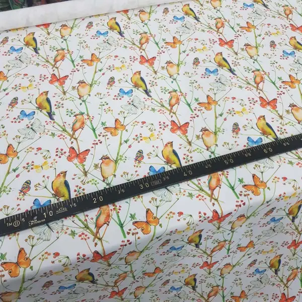 Kuş ,kelebek Ve Çiçek Desenli Fon Perde Evm829 Kumaşı Kalındır Duck Bezi Değildir- Beyaz- Çok Renkli 3