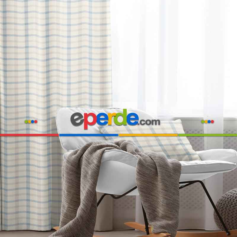 Salon Fon Perde Evim1615-3 Kumaşı Kalındır Duck Bezi Değildir- Mavi-beyaz
