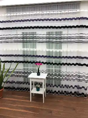Enine Çizgili Bantlı Spor Tül Perde- Siyah-mor-ekru - Kurşunlu Tül
