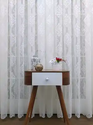 Tül Perde Ve Kruvaze Perde Damask Desenli- Ekru