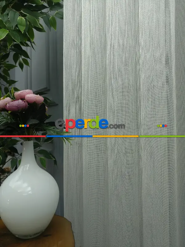 Salon Tül Perde - 2021 Sezonu - Çizgili Düz Tül Perde - Çelik Tül - Ütü İstemez- Ekru