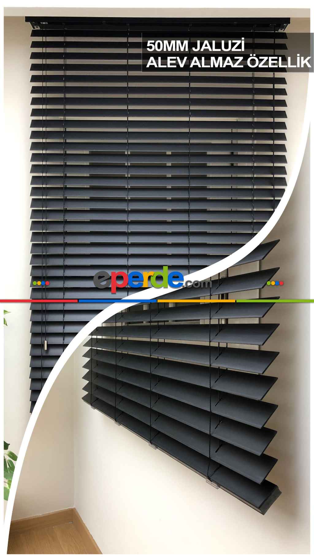 50mm Antrasit Ahşap Efektli Jaluzi Perde Alev Almaz Özellik- Antrasit