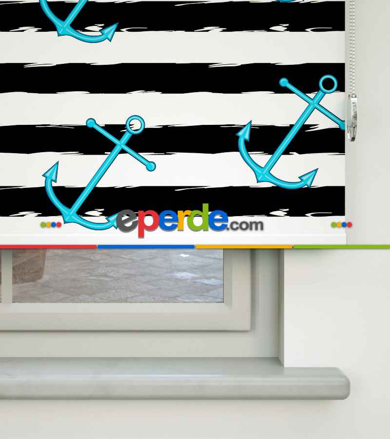 Çapa Desenli Baskılı Stor Perde- Siyah-turkuaz-ekru-çok Renkli