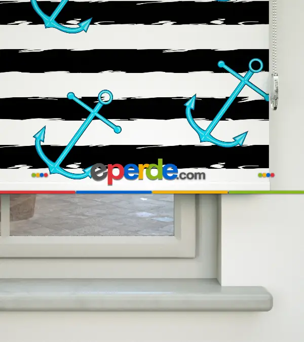 Çocuk Odası Stor Perde - Çapa Desenli Baskılı Stor Perde- Siyah-Turkuaz-Ekru-Çok Renkli