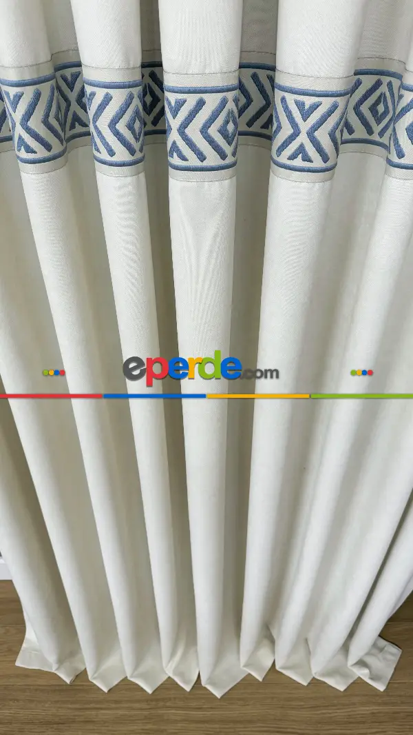 Yatak Odası - Açık Krem Yatay Mavi Bordürlü Fon Perde - Ağır Gramajlı Premium Kalite Serisi