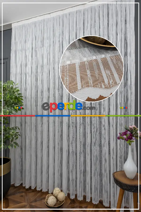 Çizgili Modern Desen Örme Tül - Ekru