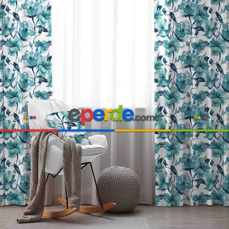 Oturma Odası Fon Perde Evim1557 Kumaşı Kalındır Duck Bezi Değildir- Mavi-beyaz