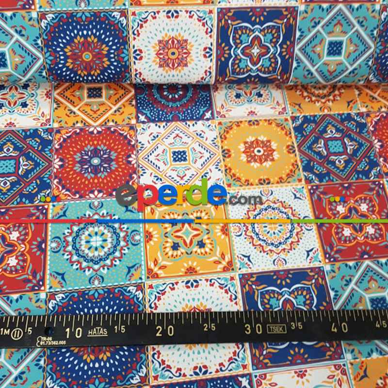 Patchwork Etnik Desenli Fon Perde Evm591 Kumaşı Kalındır Duck Bezi Değildir- Mavi-Sarı-Beyaz-Bordo-Mavi Açık
