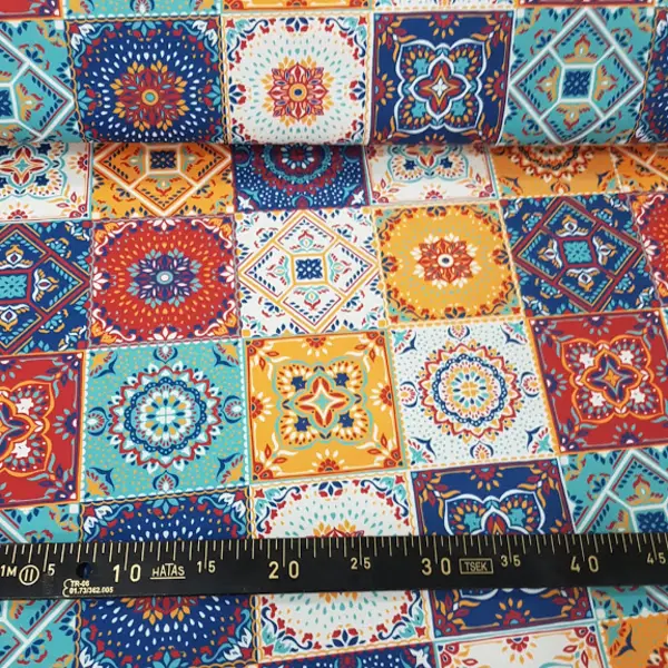 Patchwork Etnik Desenli Fon Perde Evm591 Kumaşı Kalındır Duck Bezi Değildir- Mavi-Sarı-Beyaz-Bordo-Mavi Açık