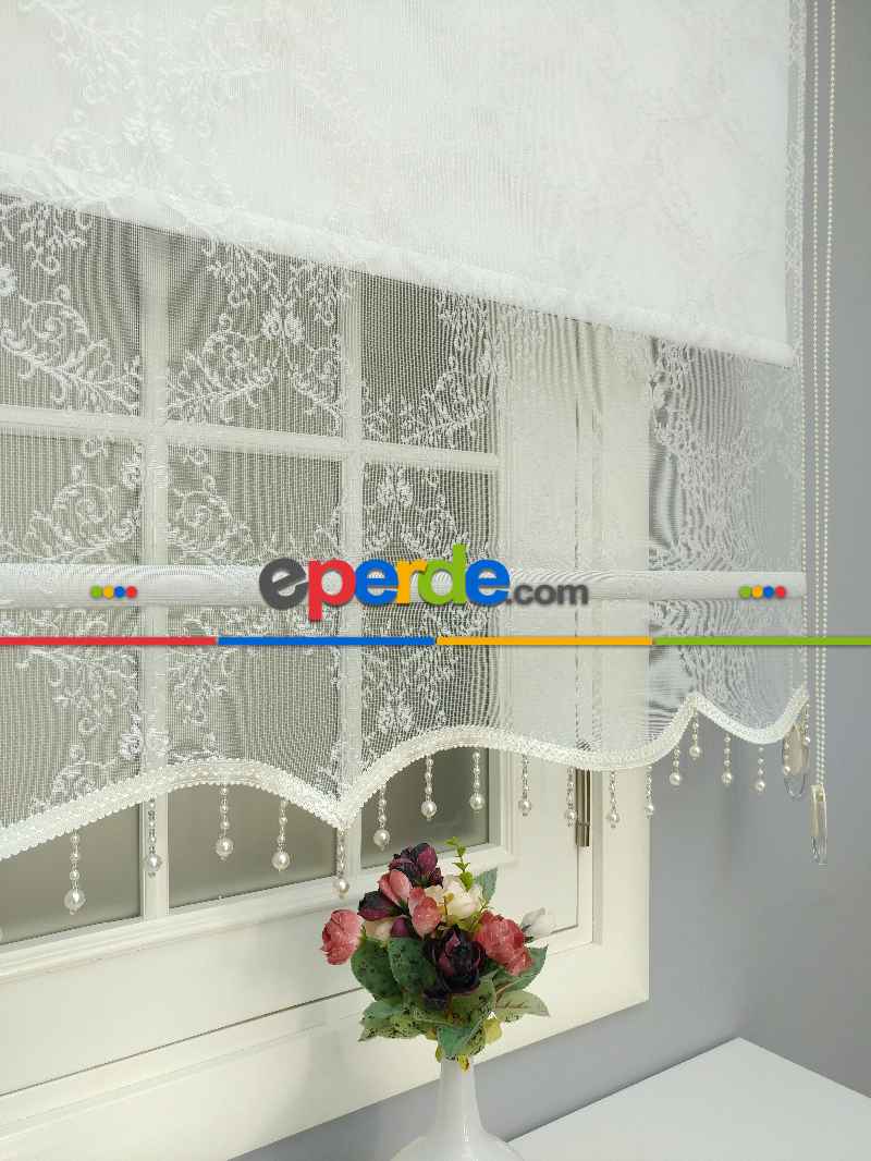 Brillannt - Çiftli Sistem Tül Stor Perde - Ekru - Açık Krem - Beyaz - Damask